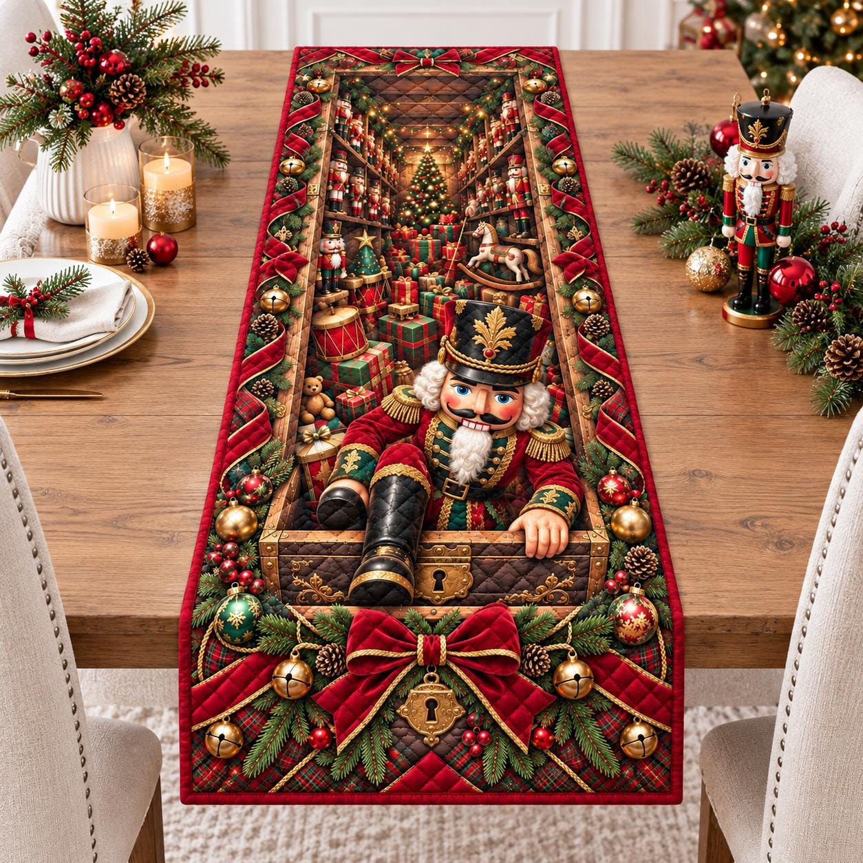 Nutcracker Christmas Table Runner with Quilted Toy Shop Holiday Design for Traditional Christmas Dining Decor