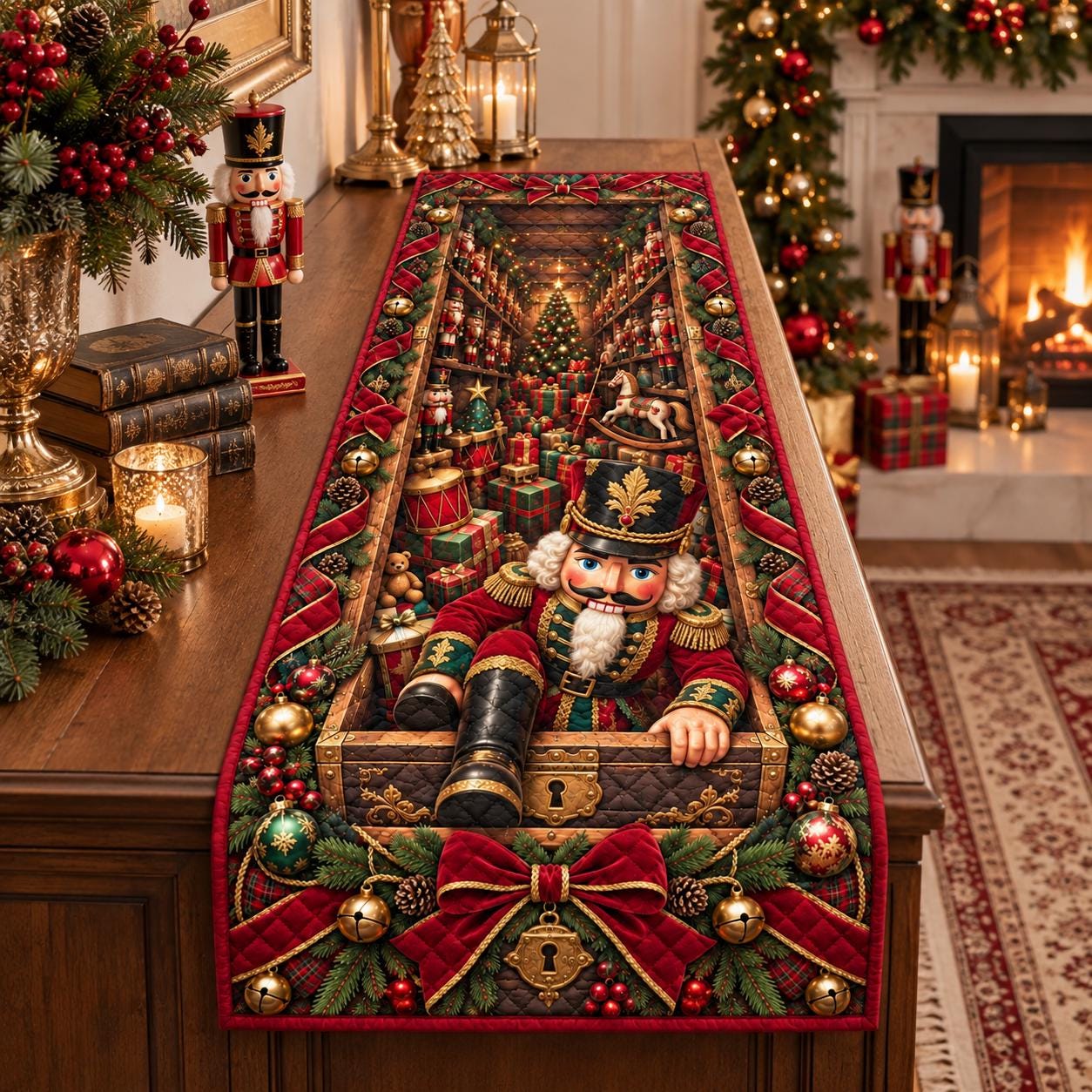 Nutcracker Christmas Table Runner with Quilted Toy Shop Holiday Design for Traditional Christmas Dining Decor - photo 2