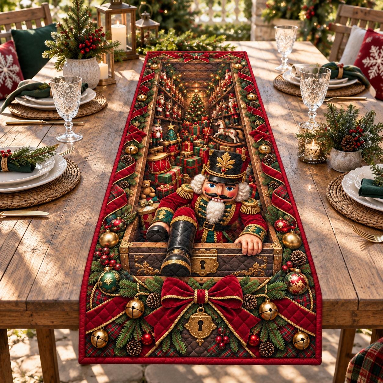 Nutcracker Christmas Table Runner with Quilted Toy Shop Holiday Design for Traditional Christmas Dining Decor - photo 4
