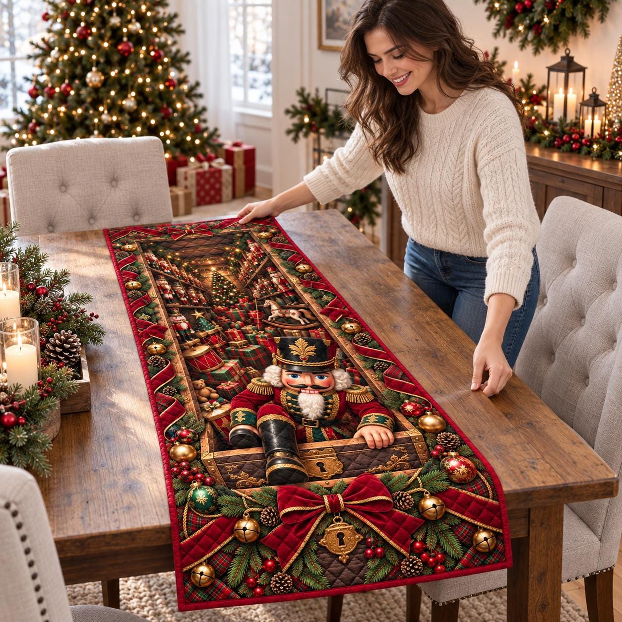 Nutcracker Christmas Table Runner with Quilted Toy Shop Holiday Design for Traditional Christmas Dining Decor - photo 5