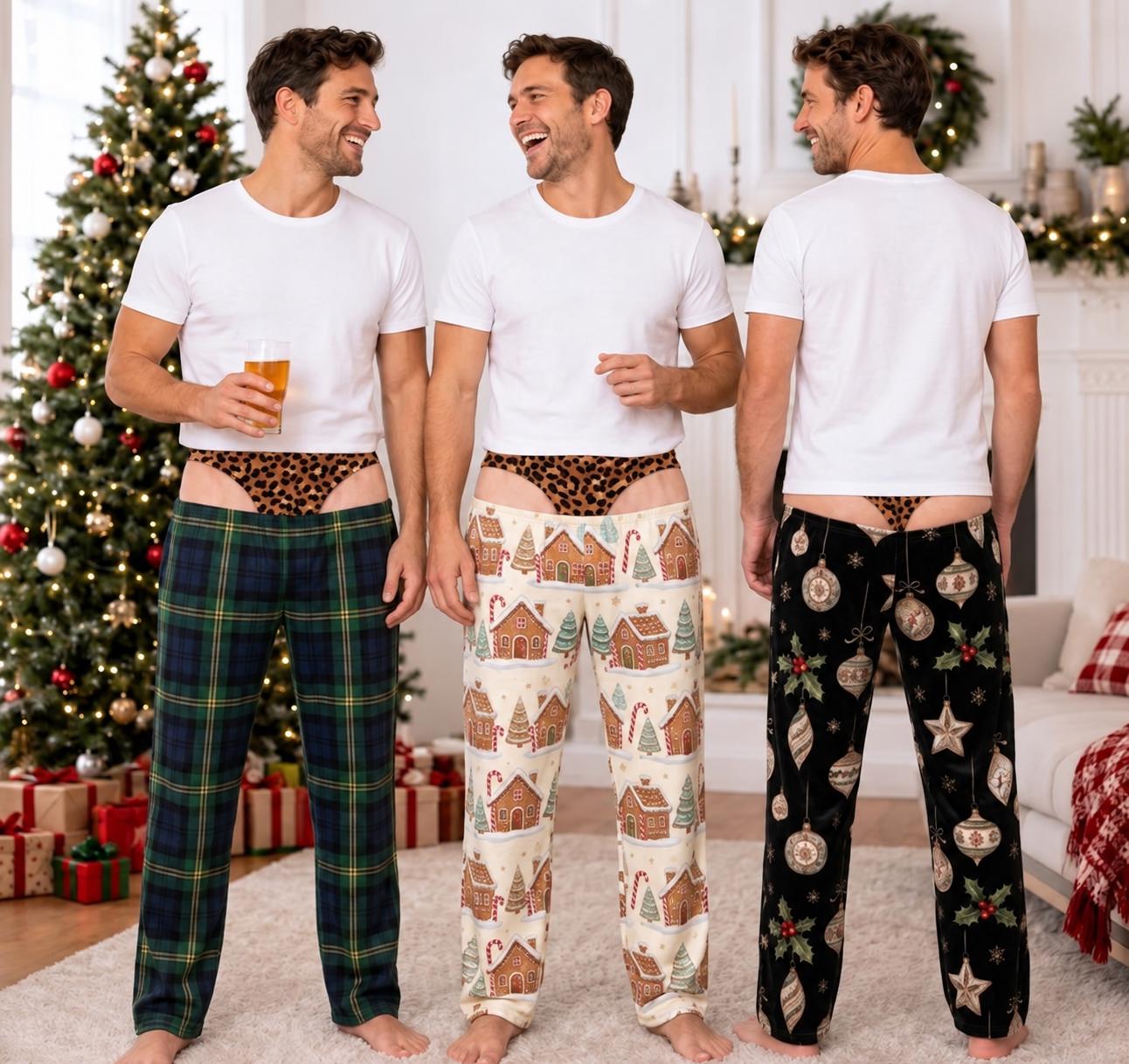 Funny Fake Underwear Illusion Christmas Pajama Pants for Men – Plaid Holiday Lounge Pants Xmas PJs Sleepwear Gag Gift for Him