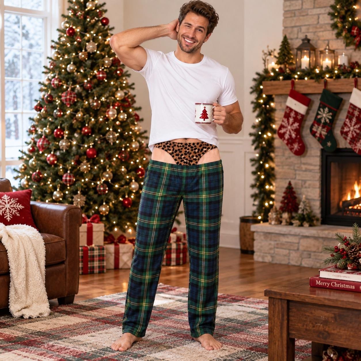 Funny Fake Underwear Illusion Christmas Pajama Pants for Men – Plaid Holiday Lounge Pants Xmas PJs Sleepwear Gag Gift for Him - photo 7