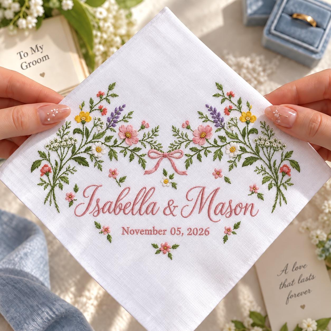 Personalized Embroidered Wedding Handkerchief – Wildflower Bridal Hanky Custom Couple Names Date Romantic Keepsake