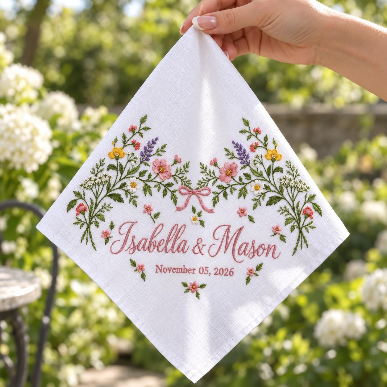 Personalized Embroidered Wedding Handkerchief – Wildflower Bridal Hanky Custom Couple Names Date Romantic Keepsake - photo 2
