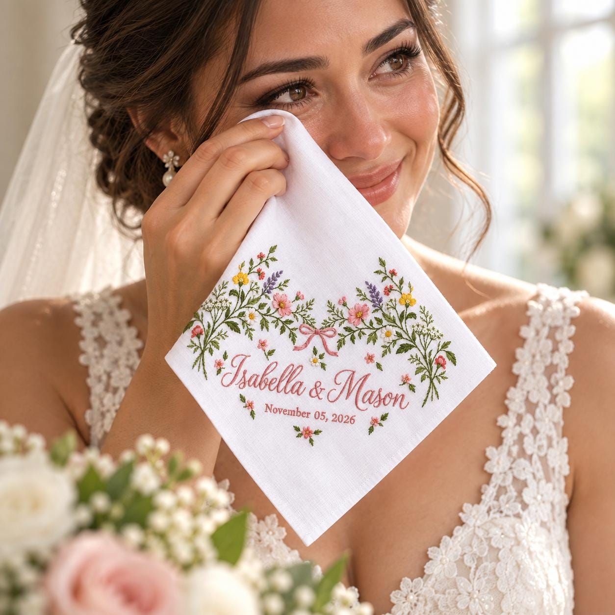 Personalized Embroidered Wedding Handkerchief – Wildflower Bridal Hanky Custom Couple Names Date Romantic Keepsake - photo 3