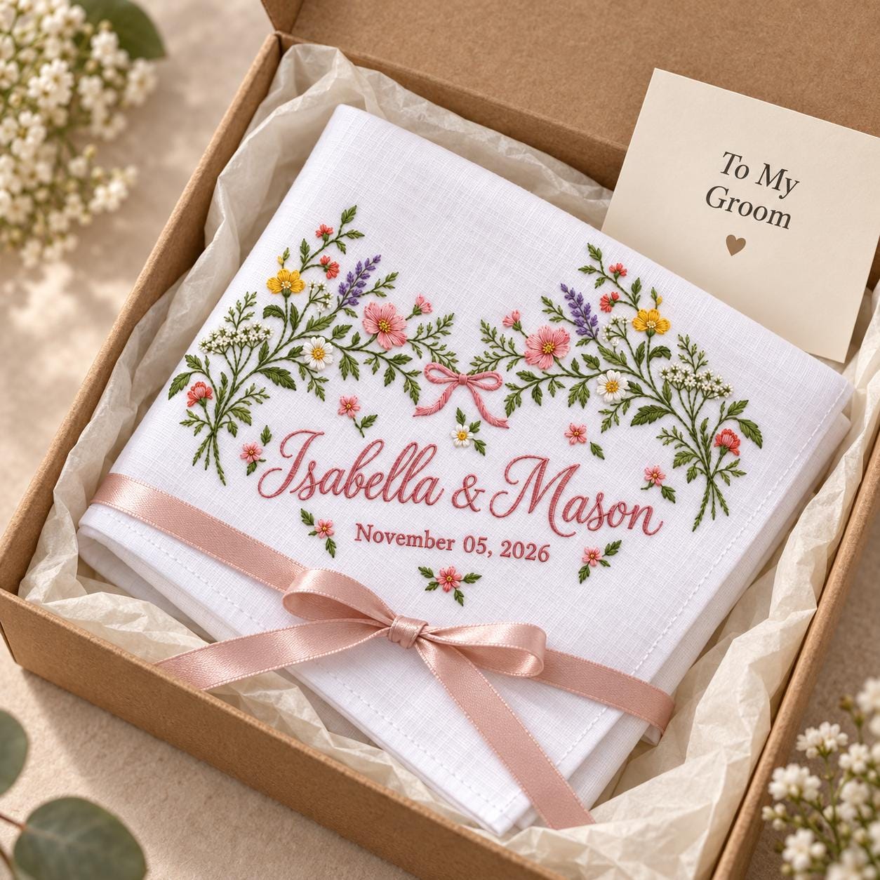 Personalized Embroidered Wedding Handkerchief – Wildflower Bridal Hanky Custom Couple Names Date Romantic Keepsake - photo 7