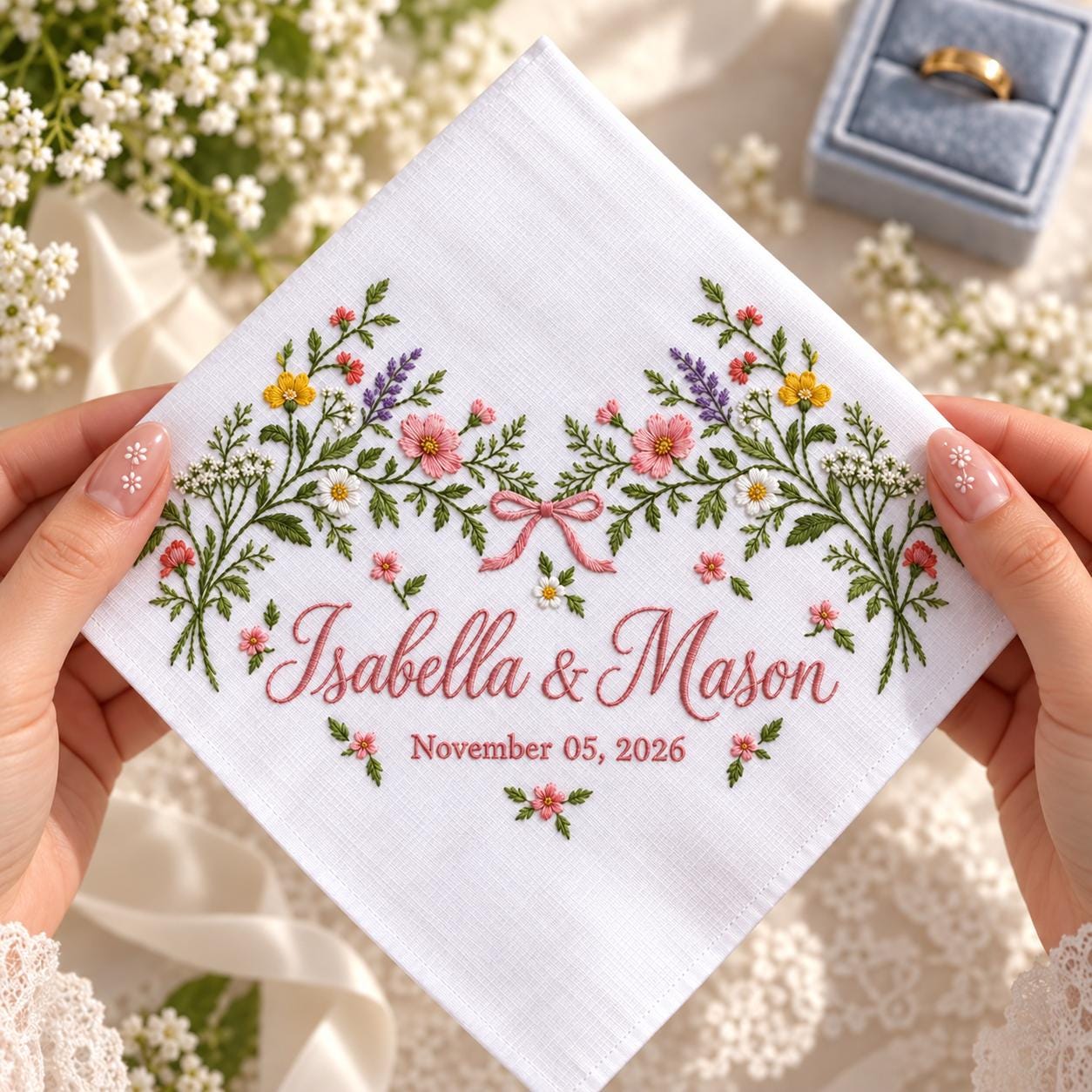 Personalized Embroidered Wedding Handkerchief – Wildflower Bridal Hanky Custom Couple Names Date Romantic Keepsake - photo 8