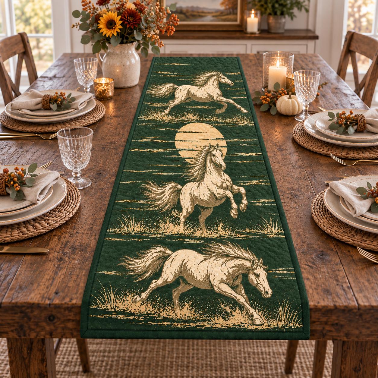 Quilted Table Runner with Running Galloping Horses – Rustic Farmhouse Equestrian Dining Decor and Horse Lover Gift