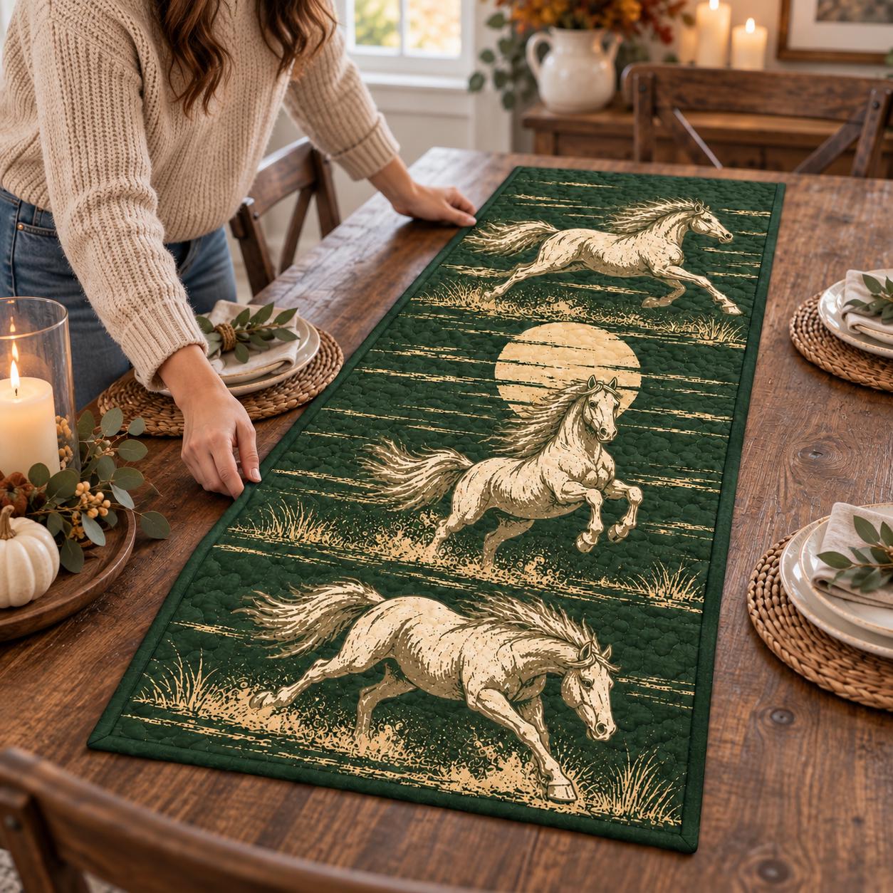 Quilted Table Runner with Running Galloping Horses – Rustic Farmhouse Equestrian Dining Decor and Horse Lover Gift - photo 4