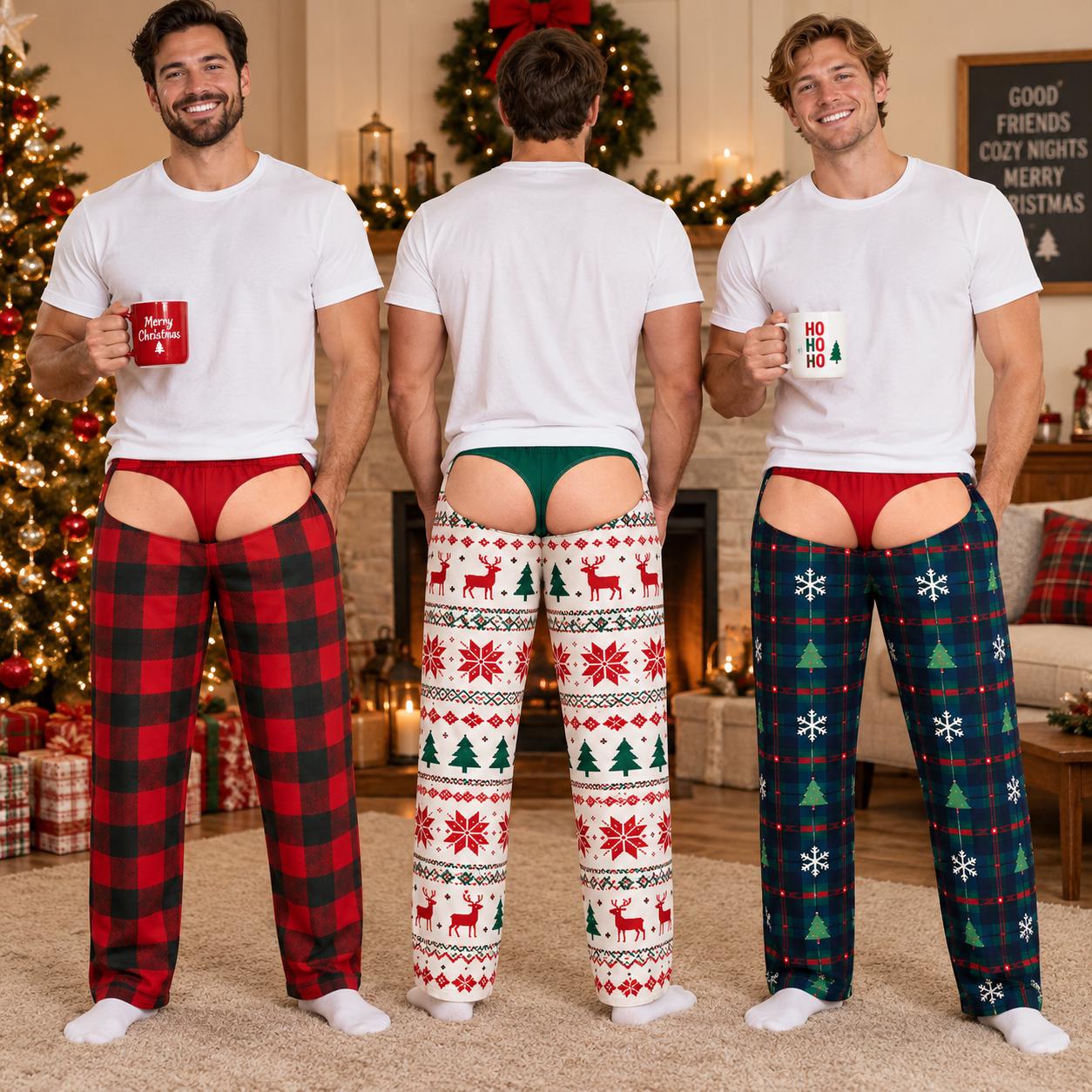 Funny Fake Butt Underwear Illusion Christmas Pajama Pants for Men – Novelty Plaid Holiday Lounge Pants Xmas PJs Sleepwear Gag Gift