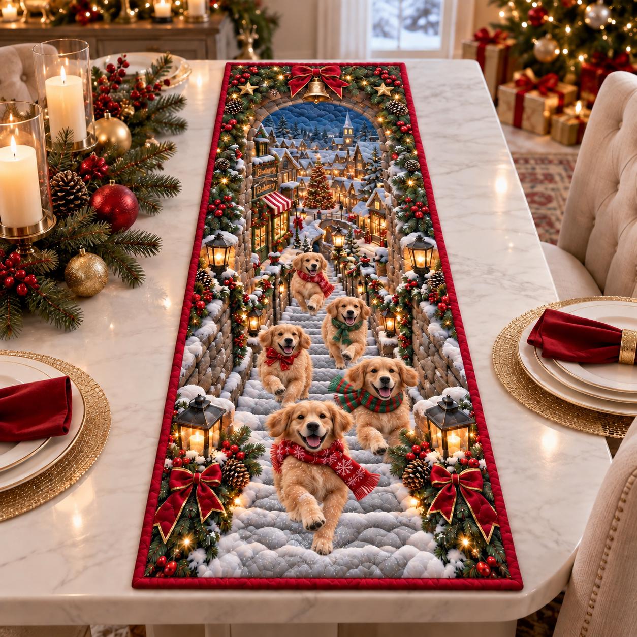 Golden Retriever Quilted Christmas Table Runner for Holiday Village Dog Dining Decor and Golden Retriever Gift