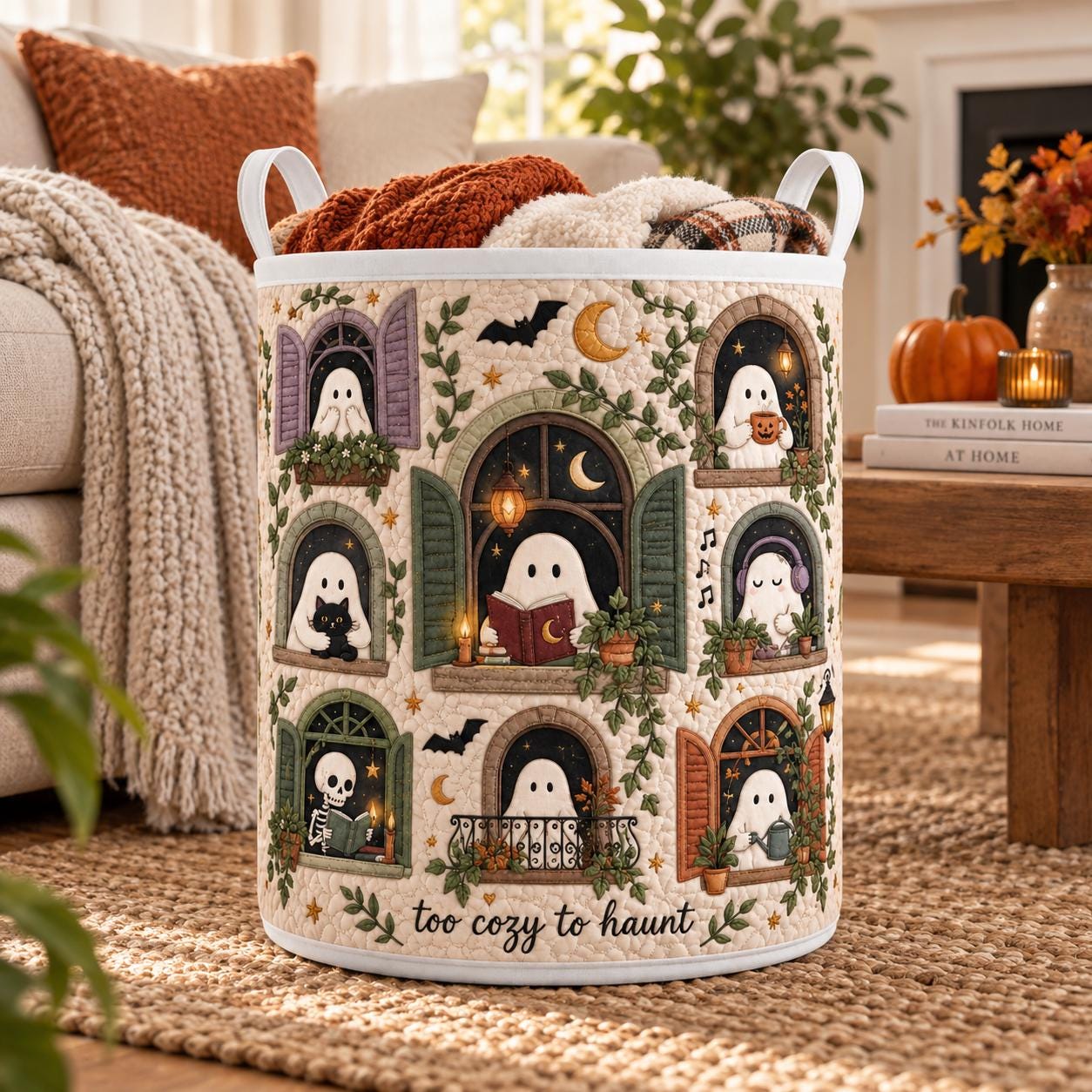 Ghost Halloween Laundry Basket – Quilt Style Spooky Hamper Cozy Haunted House Storage Bin Cute Home Decor