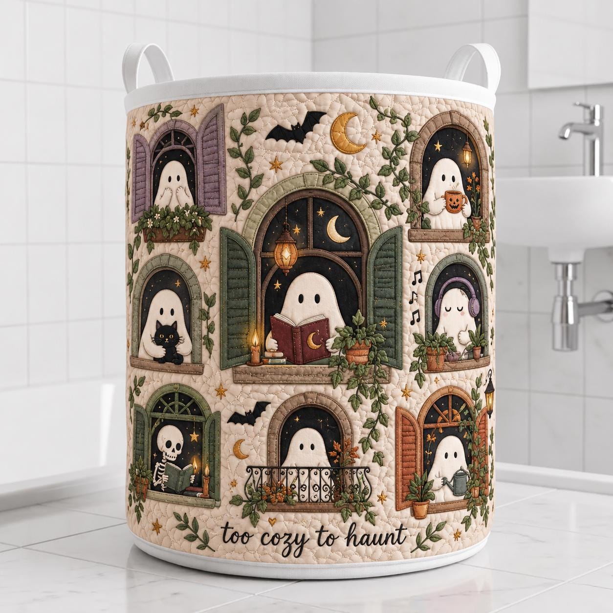 Ghost Halloween Laundry Basket – Quilt Style Spooky Hamper Cozy Haunted House Storage Bin Cute Home Decor - photo 2