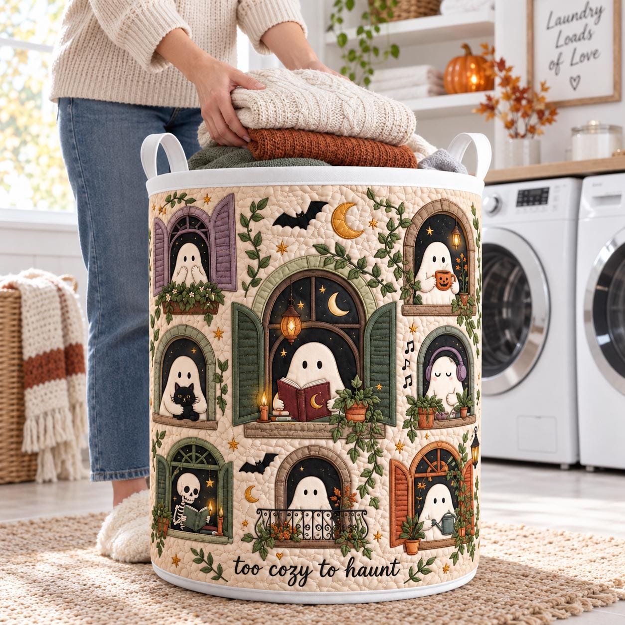 Ghost Halloween Laundry Basket – Quilt Style Spooky Hamper Cozy Haunted House Storage Bin Cute Home Decor - photo 3