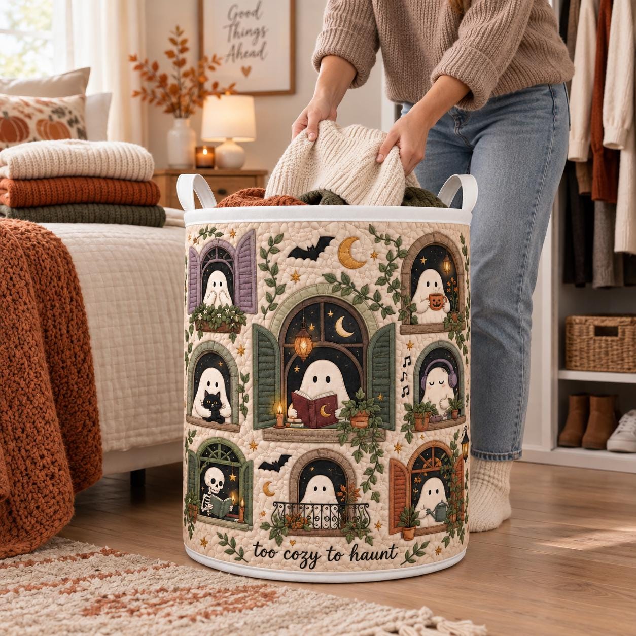 Ghost Halloween Laundry Basket – Quilt Style Spooky Hamper Cozy Haunted House Storage Bin Cute Home Decor - photo 5