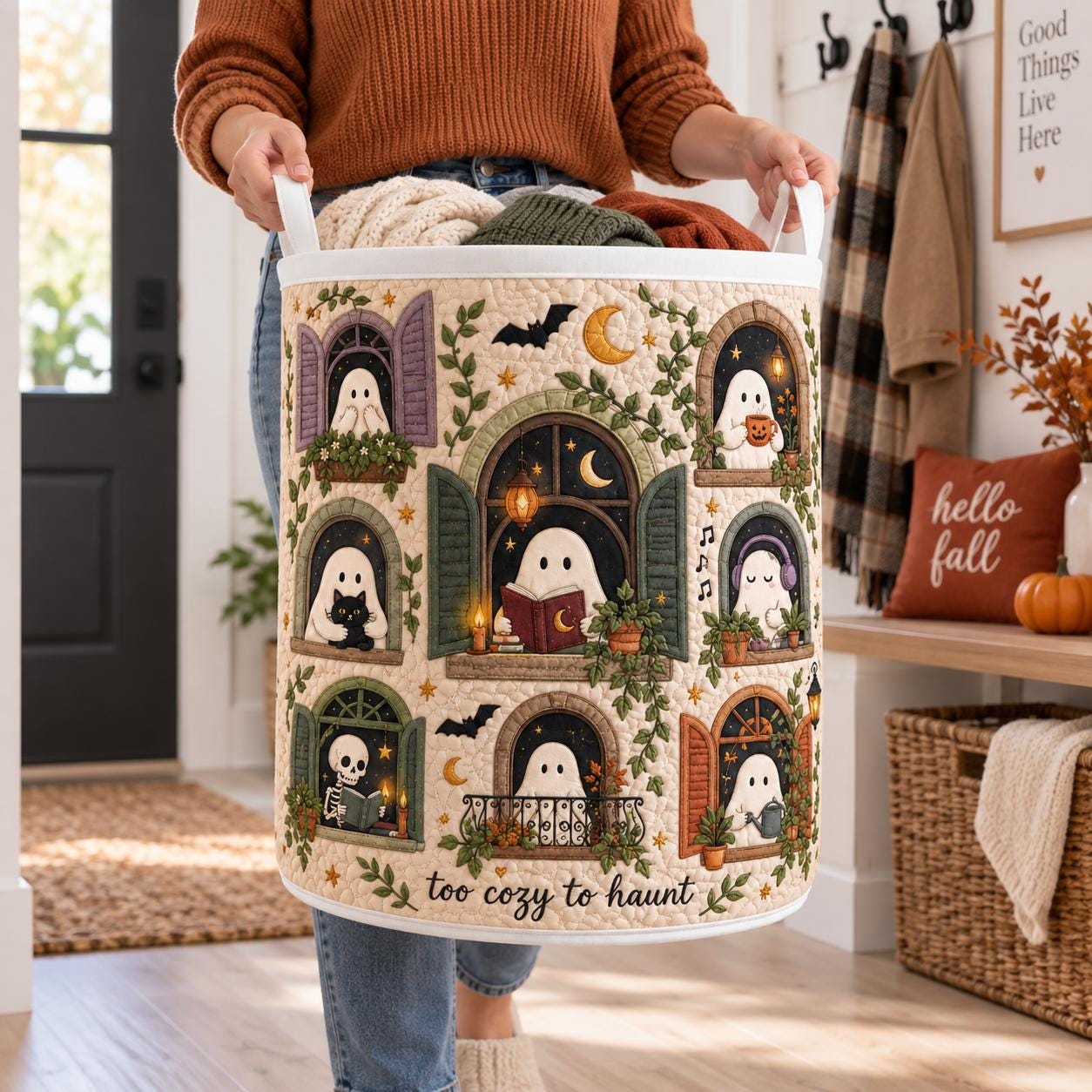 Ghost Halloween Laundry Basket – Quilt Style Spooky Hamper Cozy Haunted House Storage Bin Cute Home Decor - photo 6