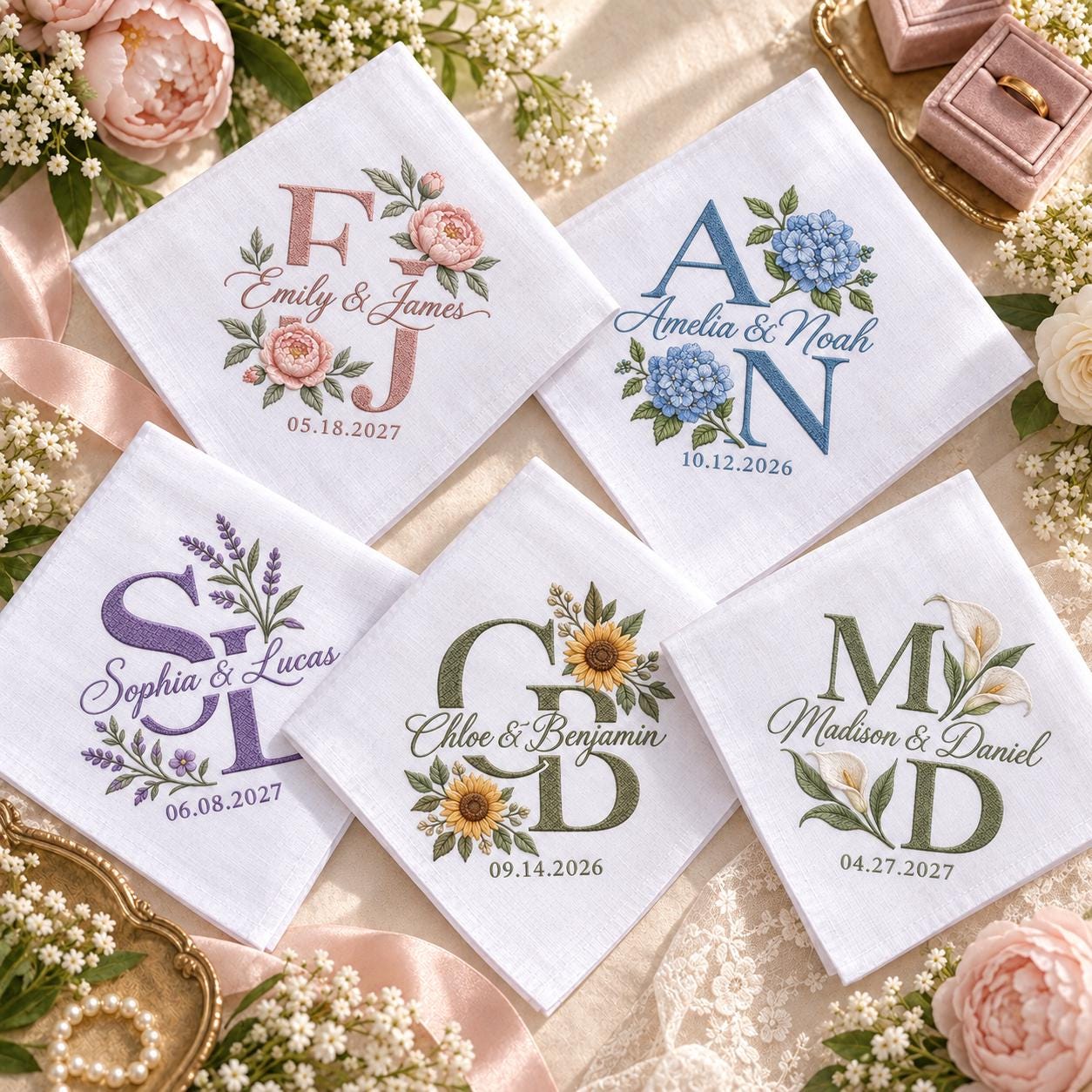 Personalized Monogram Wedding Handkerchief – Embroidered Couple Initials and Date Hanky with Floral Bridal Keepsake and Custom Wedding Gift