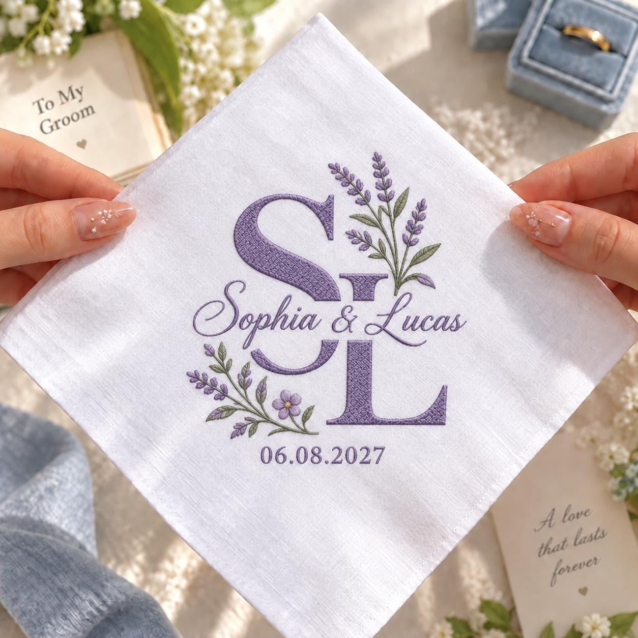 Personalized Monogram Wedding Handkerchief – Embroidered Couple Initials and Date Hanky with Floral Bridal Keepsake and Custom Wedding Gift - photo 2