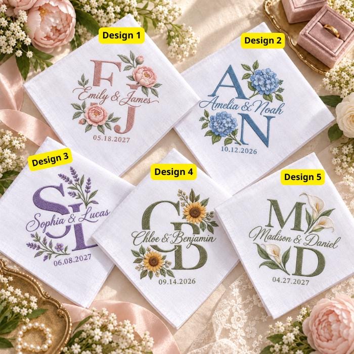 Personalized Monogram Wedding Handkerchief – Embroidered Couple Initials and Date Hanky with Floral Bridal Keepsake and Custom Wedding Gift - photo 3
