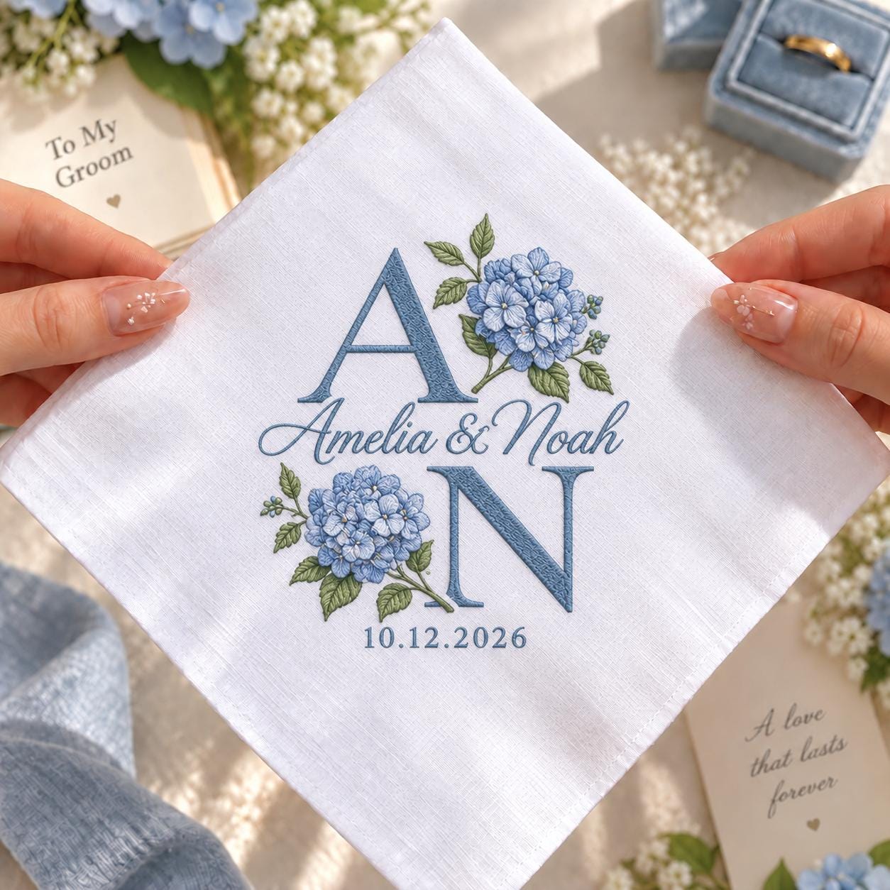 Personalized Monogram Wedding Handkerchief – Embroidered Couple Initials and Date Hanky with Floral Bridal Keepsake and Custom Wedding Gift - photo 7