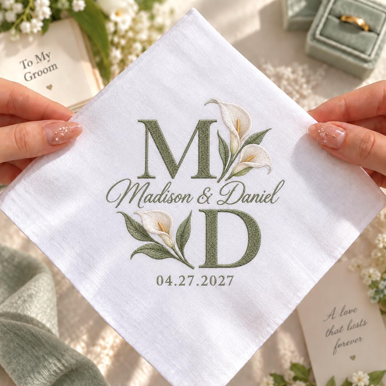 Personalized Monogram Wedding Handkerchief – Embroidered Couple Initials and Date Hanky with Floral Bridal Keepsake and Custom Wedding Gift - photo 8