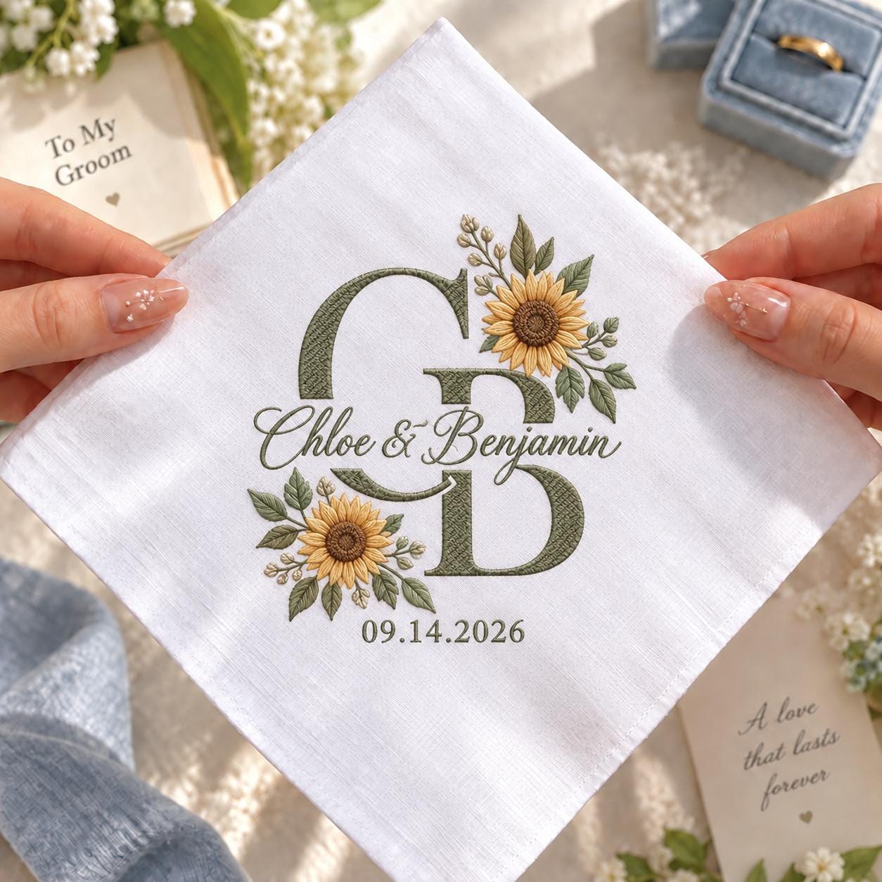 Personalized Monogram Wedding Handkerchief – Embroidered Couple Initials and Date Hanky with Floral Bridal Keepsake and Custom Wedding Gift - photo 9