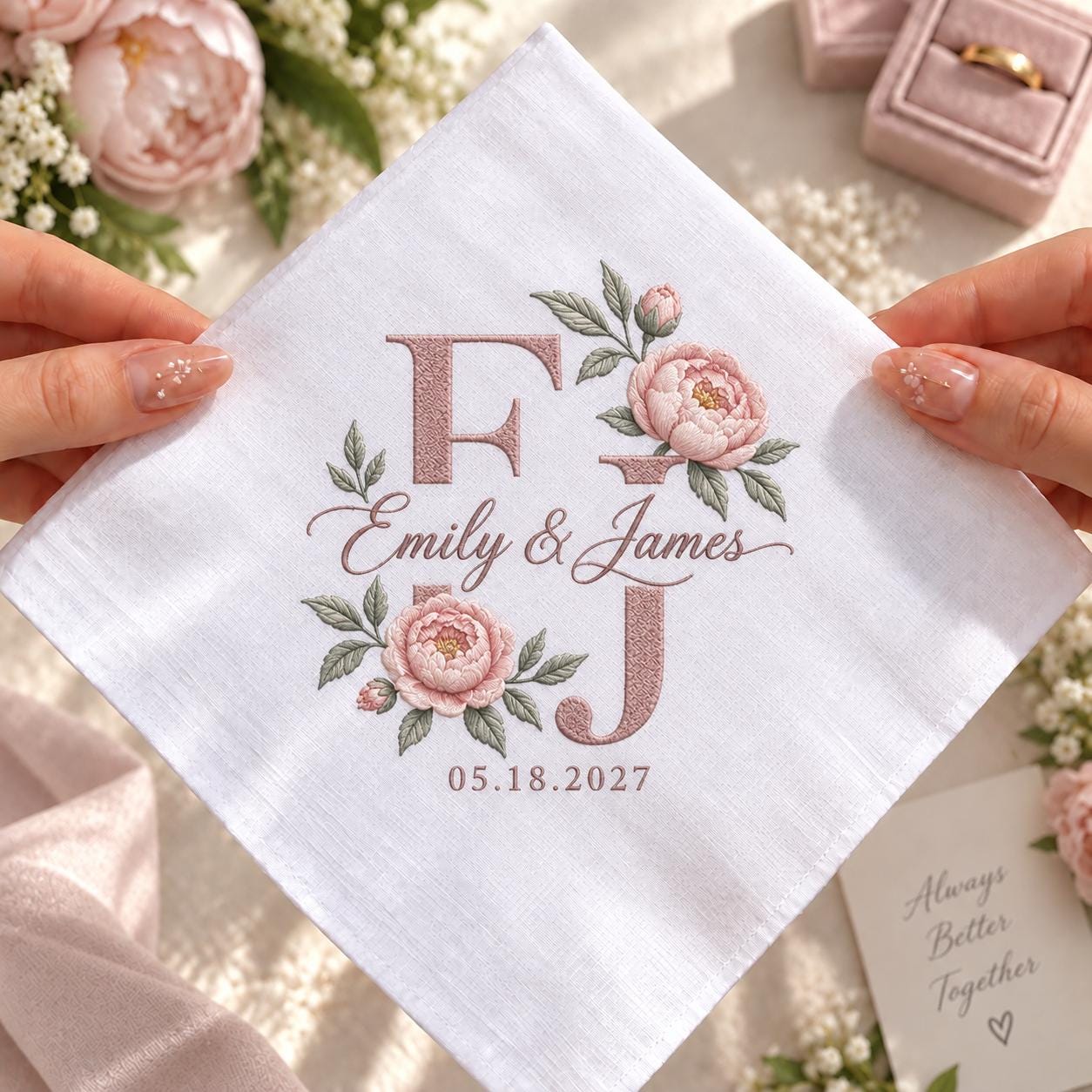 Personalized Monogram Wedding Handkerchief – Embroidered Couple Initials and Date Hanky with Floral Bridal Keepsake and Custom Wedding Gift - photo 10