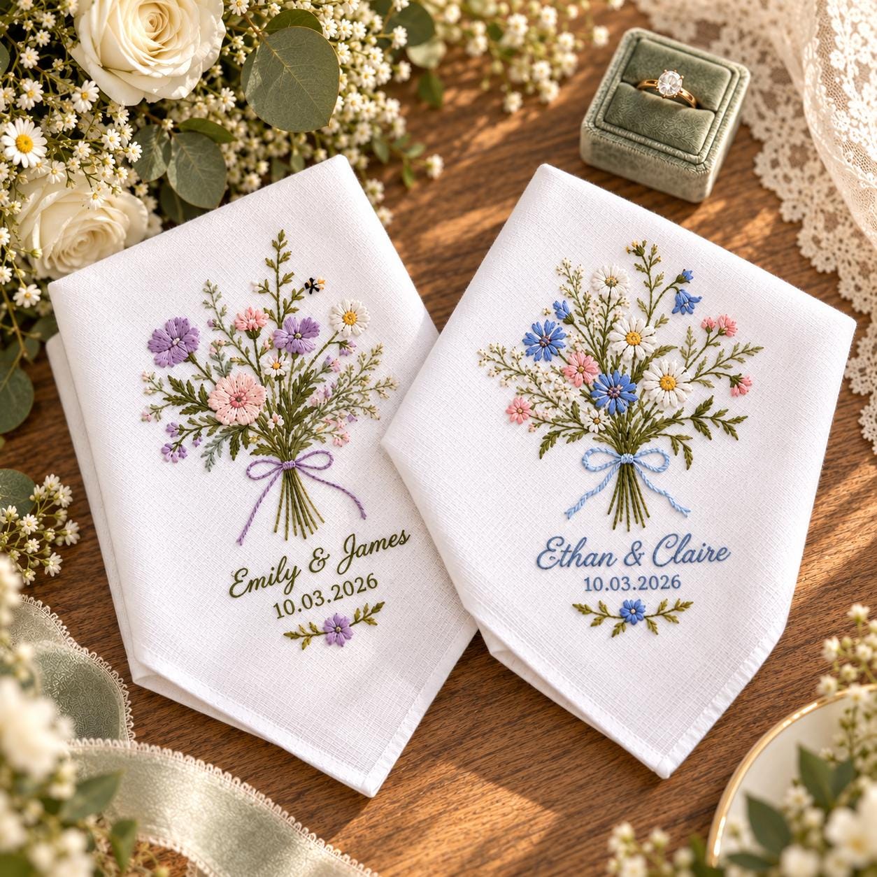 Personalized Wedding Handkerchief – Wildflower Bouquet Embroidered Hanky with Custom Couple Names and Date for Floral Bridal Wedding Keepsake