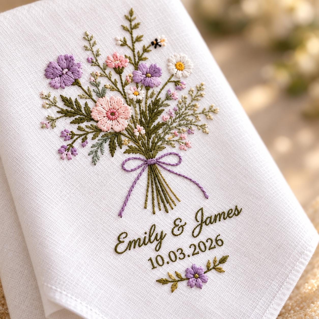 Personalized Wedding Handkerchief – Wildflower Bouquet Embroidered Hanky with Custom Couple Names and Date for Floral Bridal Wedding Keepsake - photo 2