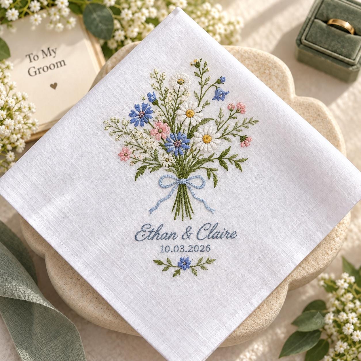 Personalized Wedding Handkerchief – Wildflower Bouquet Embroidered Hanky with Custom Couple Names and Date for Floral Bridal Wedding Keepsake - photo 3