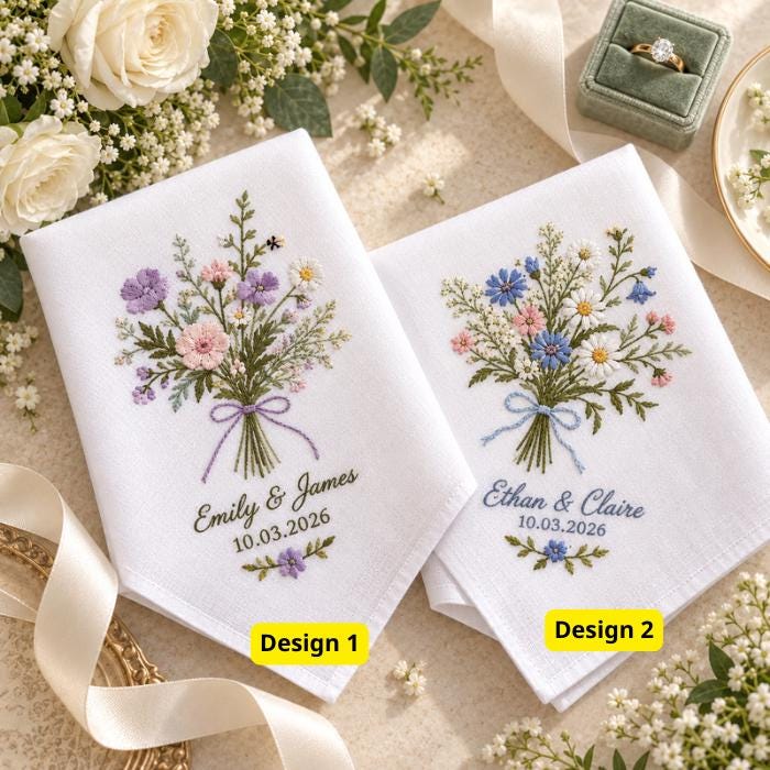 Personalized Wedding Handkerchief – Wildflower Bouquet Embroidered Hanky with Custom Couple Names and Date for Floral Bridal Wedding Keepsake - photo 4
