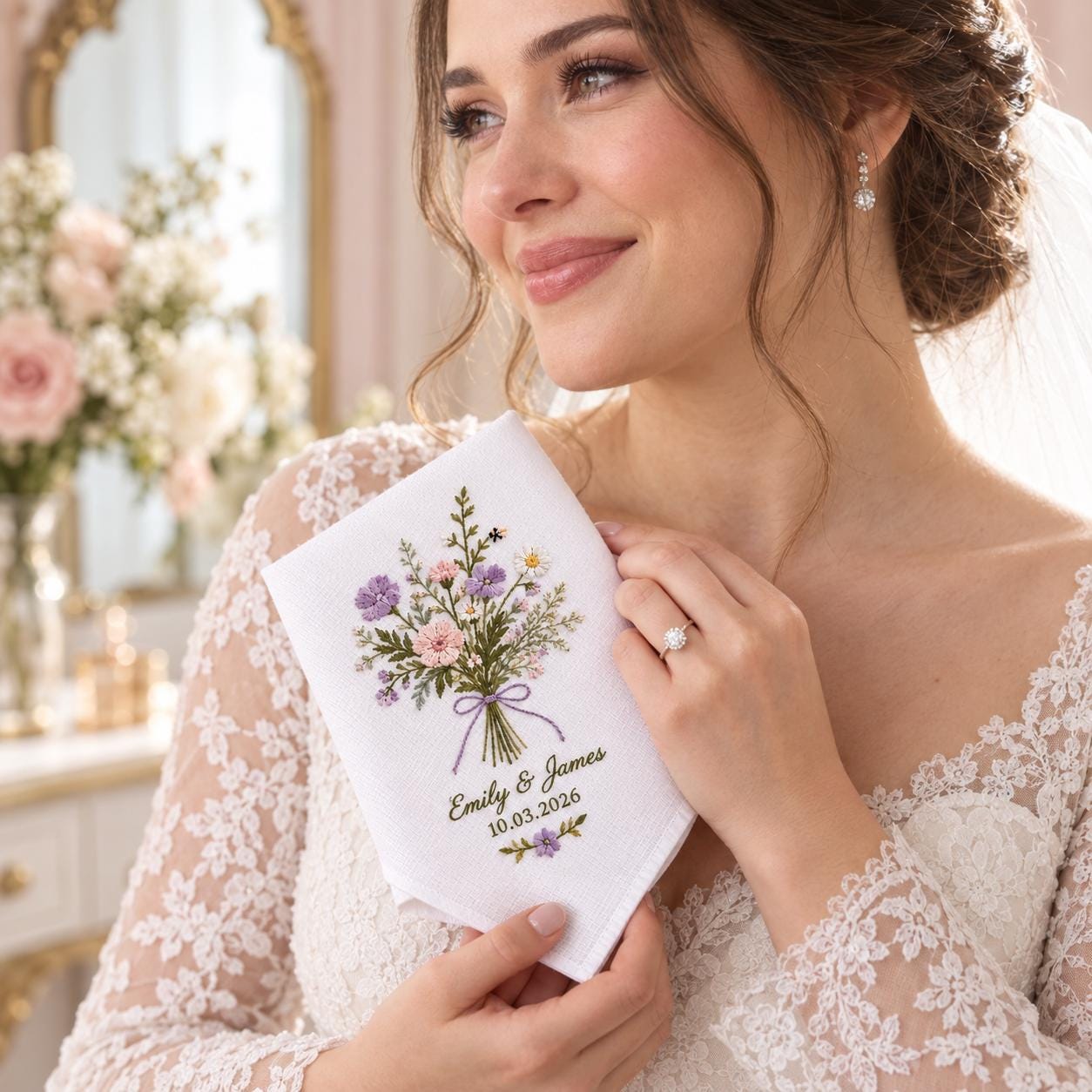 Personalized Wedding Handkerchief – Wildflower Bouquet Embroidered Hanky with Custom Couple Names and Date for Floral Bridal Wedding Keepsake - photo 8
