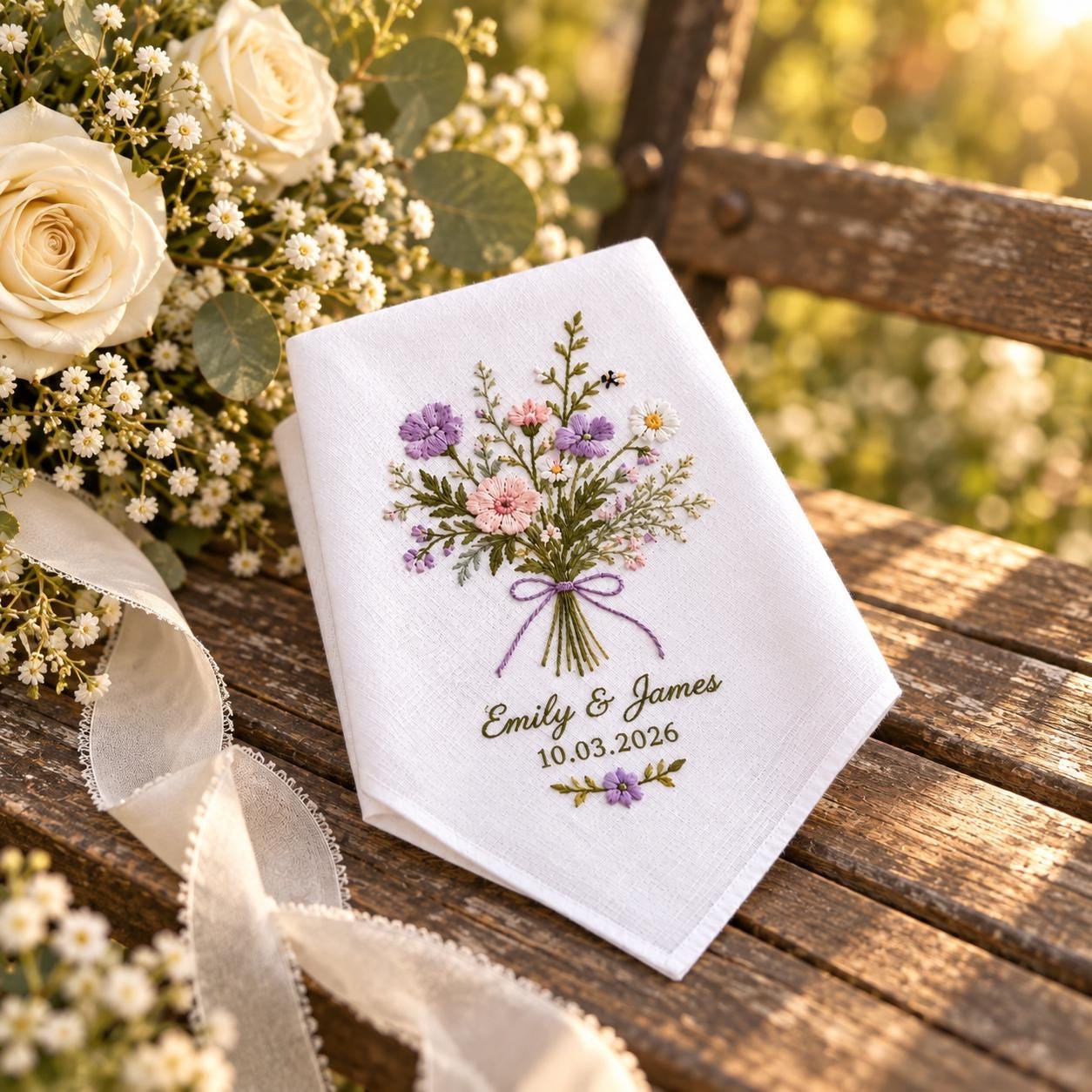 Personalized Wedding Handkerchief – Wildflower Bouquet Embroidered Hanky with Custom Couple Names and Date for Floral Bridal Wedding Keepsake - photo 9