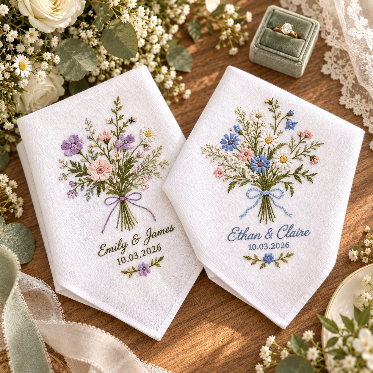 Personalized Wedding Handkerchief – Wildflower Bouquet Embroidered Hanky with Custom Couple Names and Date for Floral Bridal Wedding Keepsake - photo 10