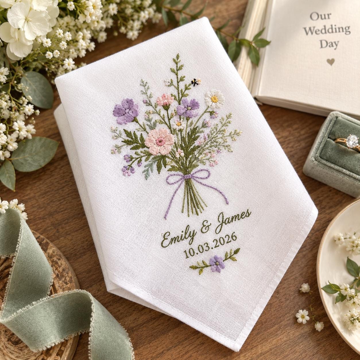 Personalized Wedding Handkerchief – Wildflower Bouquet Embroidered Hanky with Custom Couple Names and Date for Floral Bridal Wedding Keepsake - photo 11