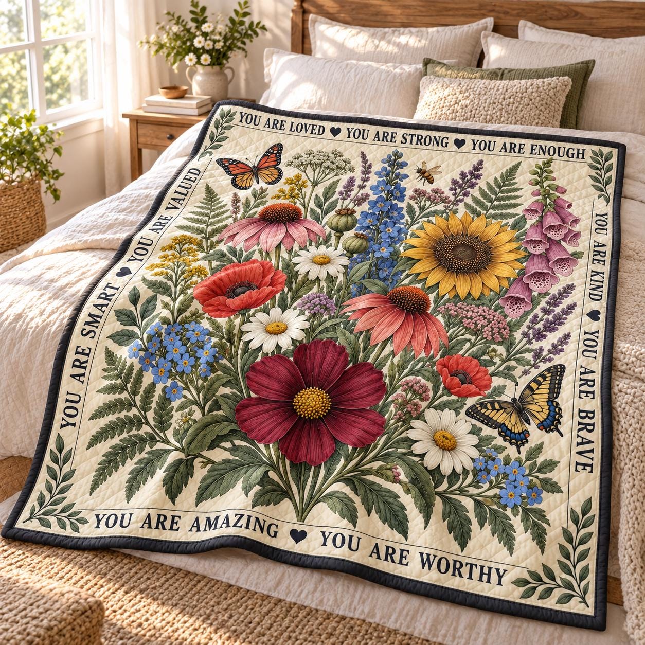 Wildflower Affirmation Blanket – Inspirational Floral Throw Quilt Style Butterfly Botanical Encouragement Gift Her