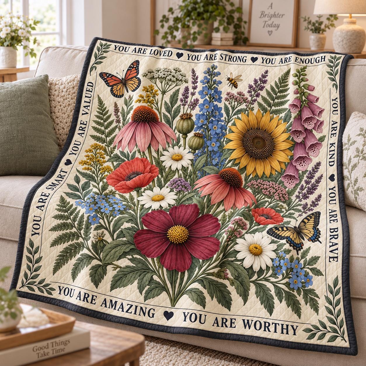 Wildflower Affirmation Blanket – Inspirational Floral Throw Quilt Style Butterfly Botanical Encouragement Gift Her - photo 2