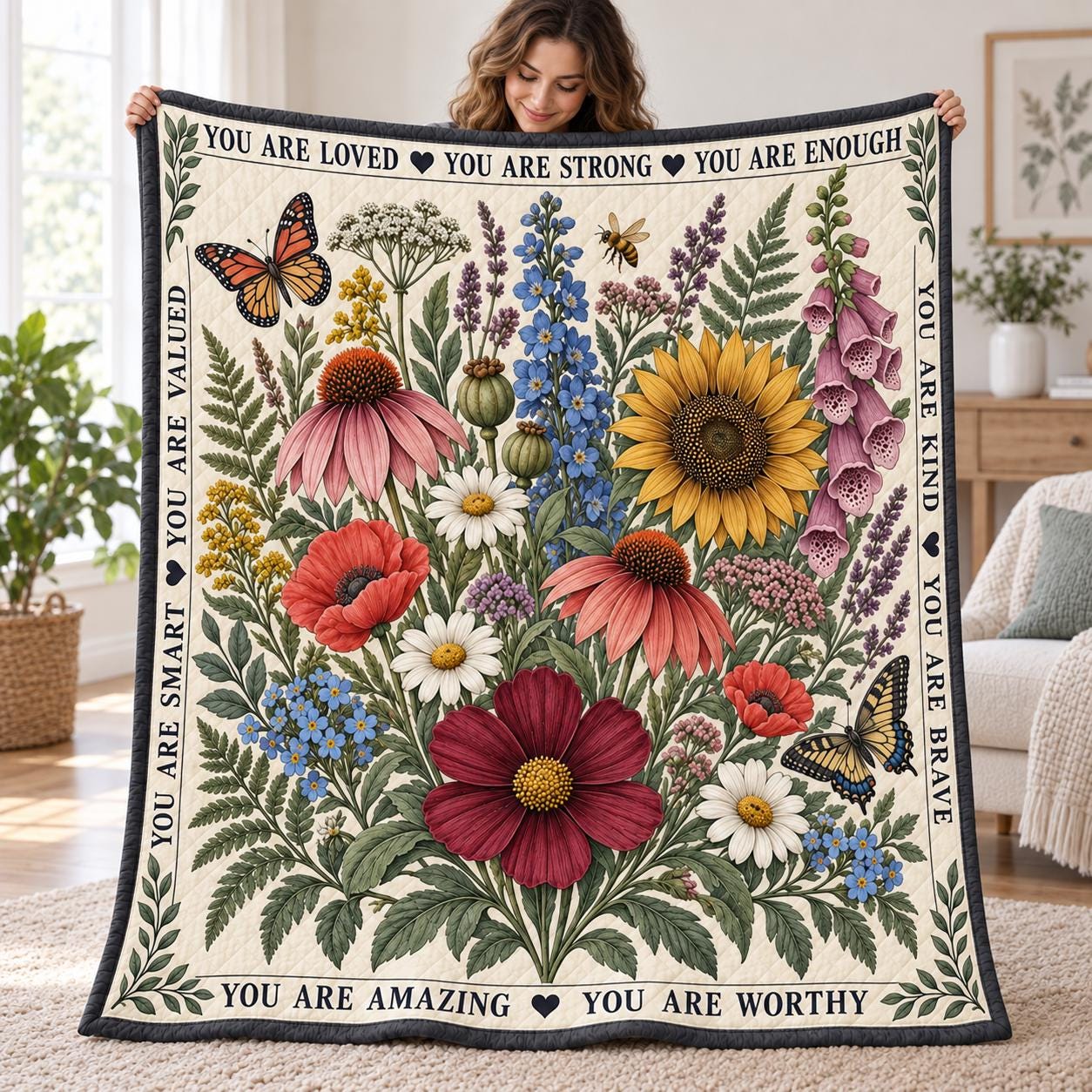 Wildflower Affirmation Blanket – Inspirational Floral Throw Quilt Style Butterfly Botanical Encouragement Gift Her - photo 3
