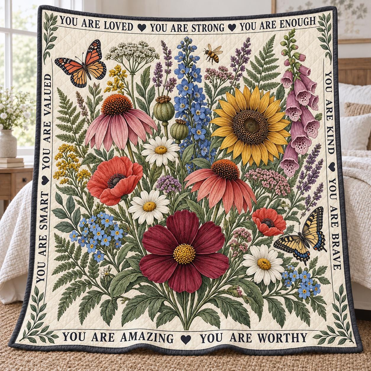 Wildflower Affirmation Blanket – Inspirational Floral Throw Quilt Style Butterfly Botanical Encouragement Gift Her - photo 6