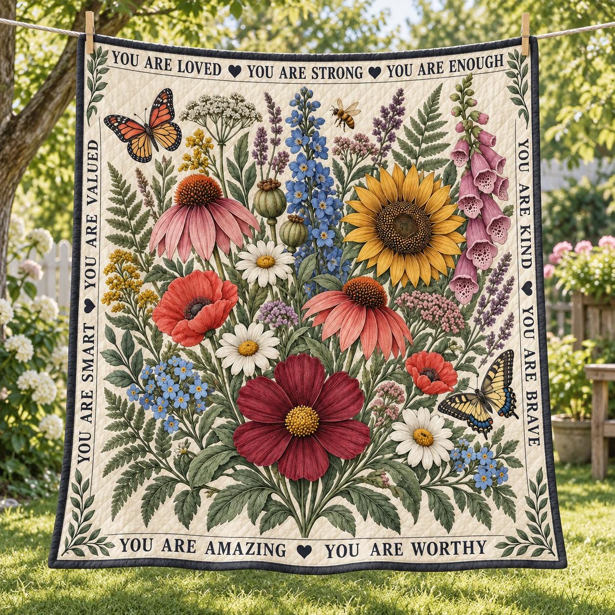 Wildflower Affirmation Blanket – Inspirational Floral Throw Quilt Style Butterfly Botanical Encouragement Gift Her - photo 7