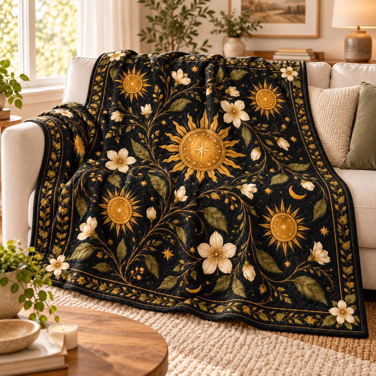 Celestial Sun Floral Blanket – Black Gold Botanical Bedding with Moon and Stars Throw, Witchy Boho Home Decor and Quilted Style Bed Blanket