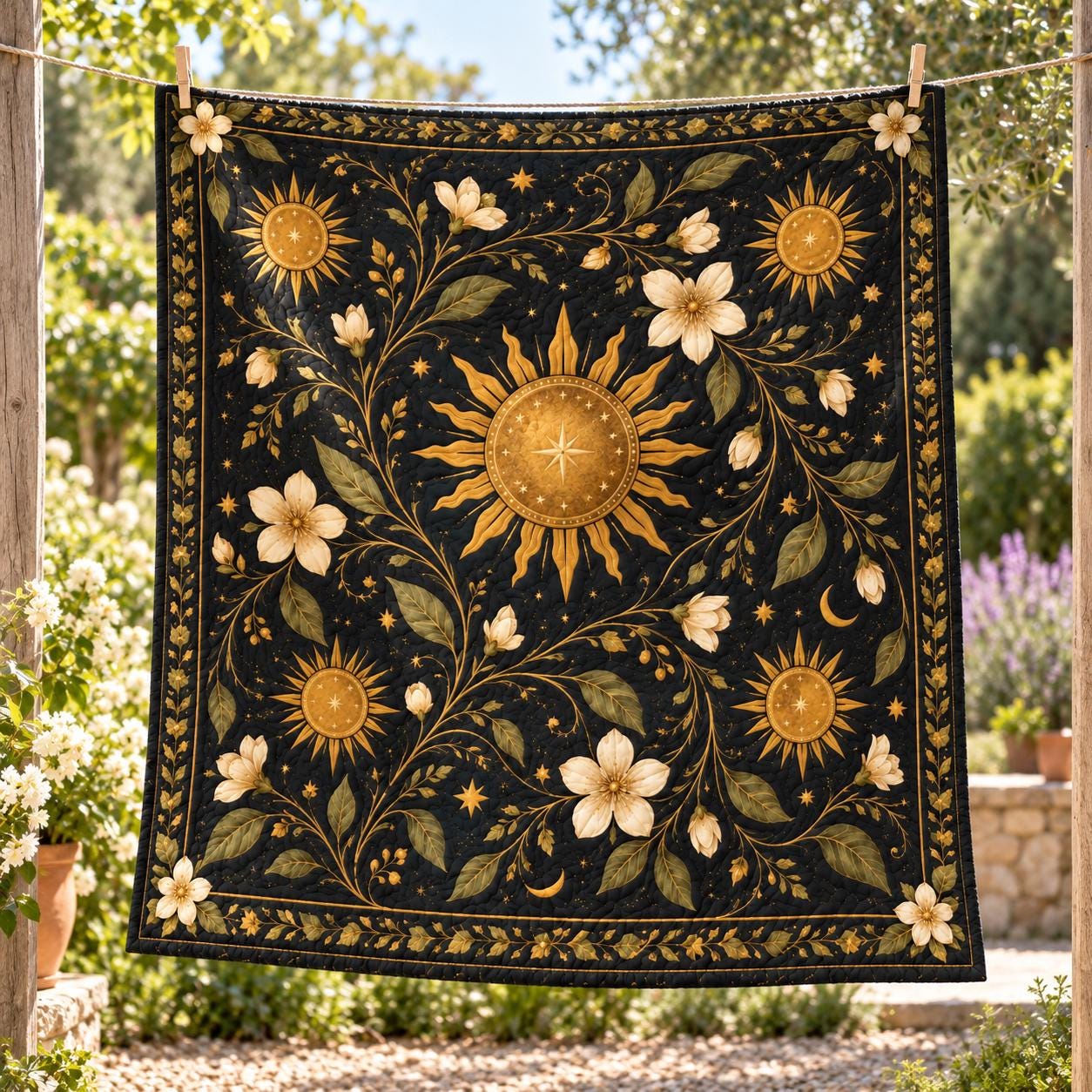 Celestial Sun Floral Blanket – Black Gold Botanical Bedding with Moon and Stars Throw, Witchy Boho Home Decor and Quilted Style Bed Blanket - photo 2