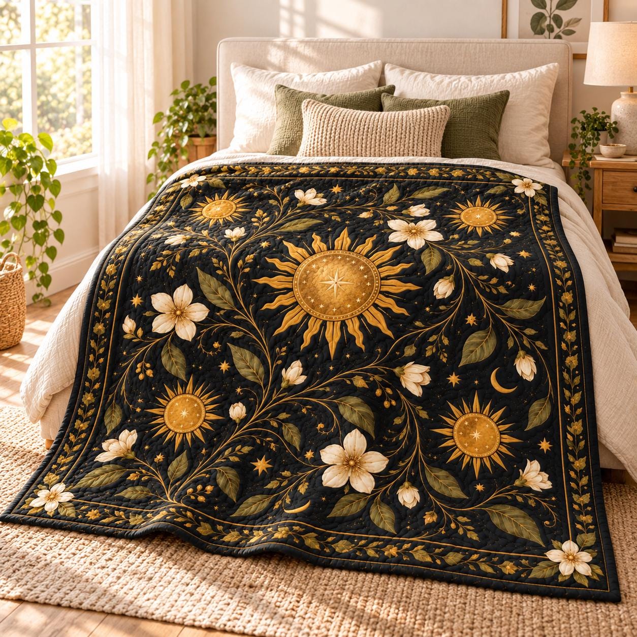 Celestial Sun Floral Blanket – Black Gold Botanical Bedding with Moon and Stars Throw, Witchy Boho Home Decor and Quilted Style Bed Blanket - photo 5