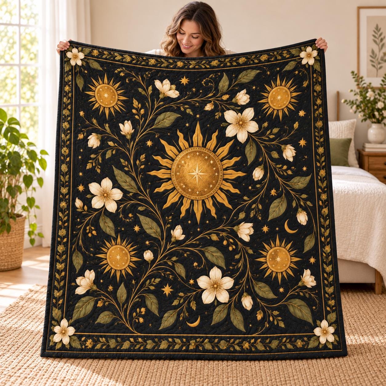 Celestial Sun Floral Blanket – Black Gold Botanical Bedding with Moon and Stars Throw, Witchy Boho Home Decor and Quilted Style Bed Blanket - photo 6