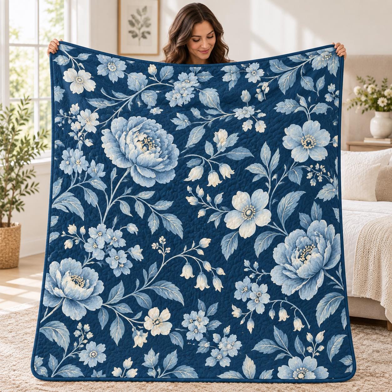 Elegant Navy Blue Vintage Botanical Floral Flower Bed Blanket – Quilted Style Cottagecore Throw Bedding for Bedroom Decor