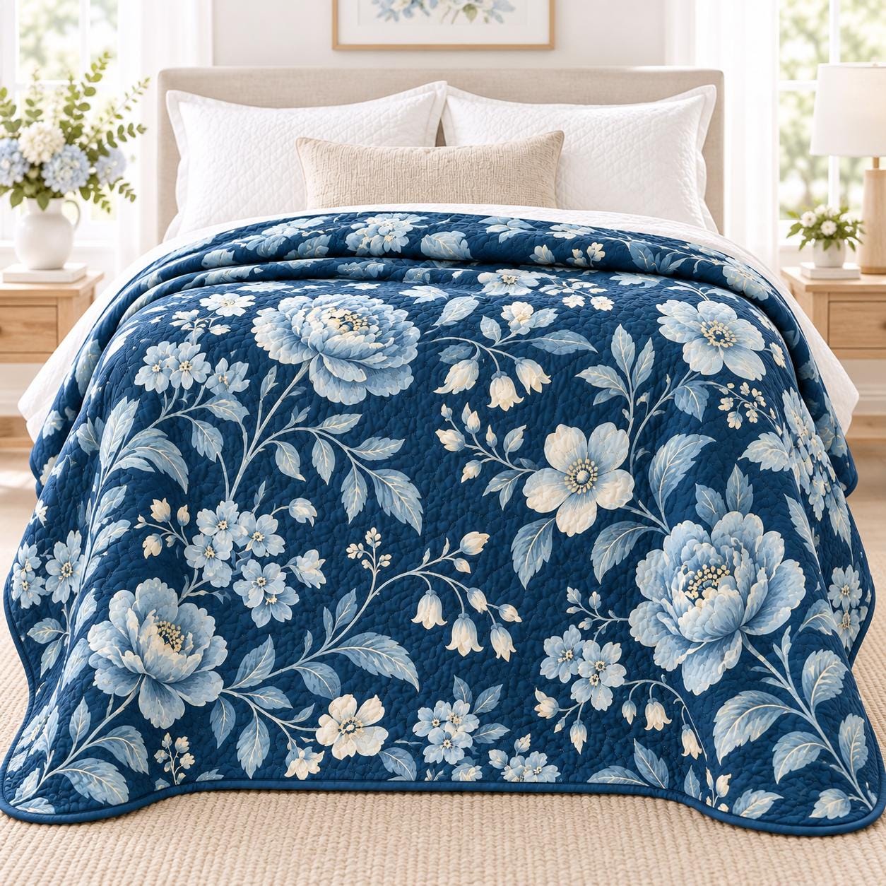 Elegant Navy Blue Vintage Botanical Floral Flower Bed Blanket – Quilted Style Cottagecore Throw Bedding for Bedroom Decor - photo 2