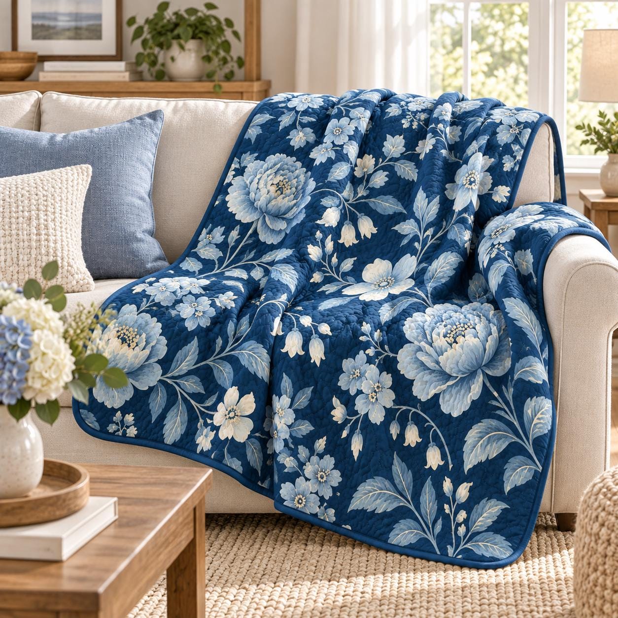 Elegant Navy Blue Vintage Botanical Floral Flower Bed Blanket – Quilted Style Cottagecore Throw Bedding for Bedroom Decor - photo 3