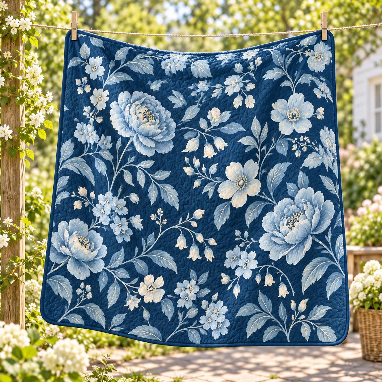 Elegant Navy Blue Vintage Botanical Floral Flower Bed Blanket – Quilted Style Cottagecore Throw Bedding for Bedroom Decor - photo 6
