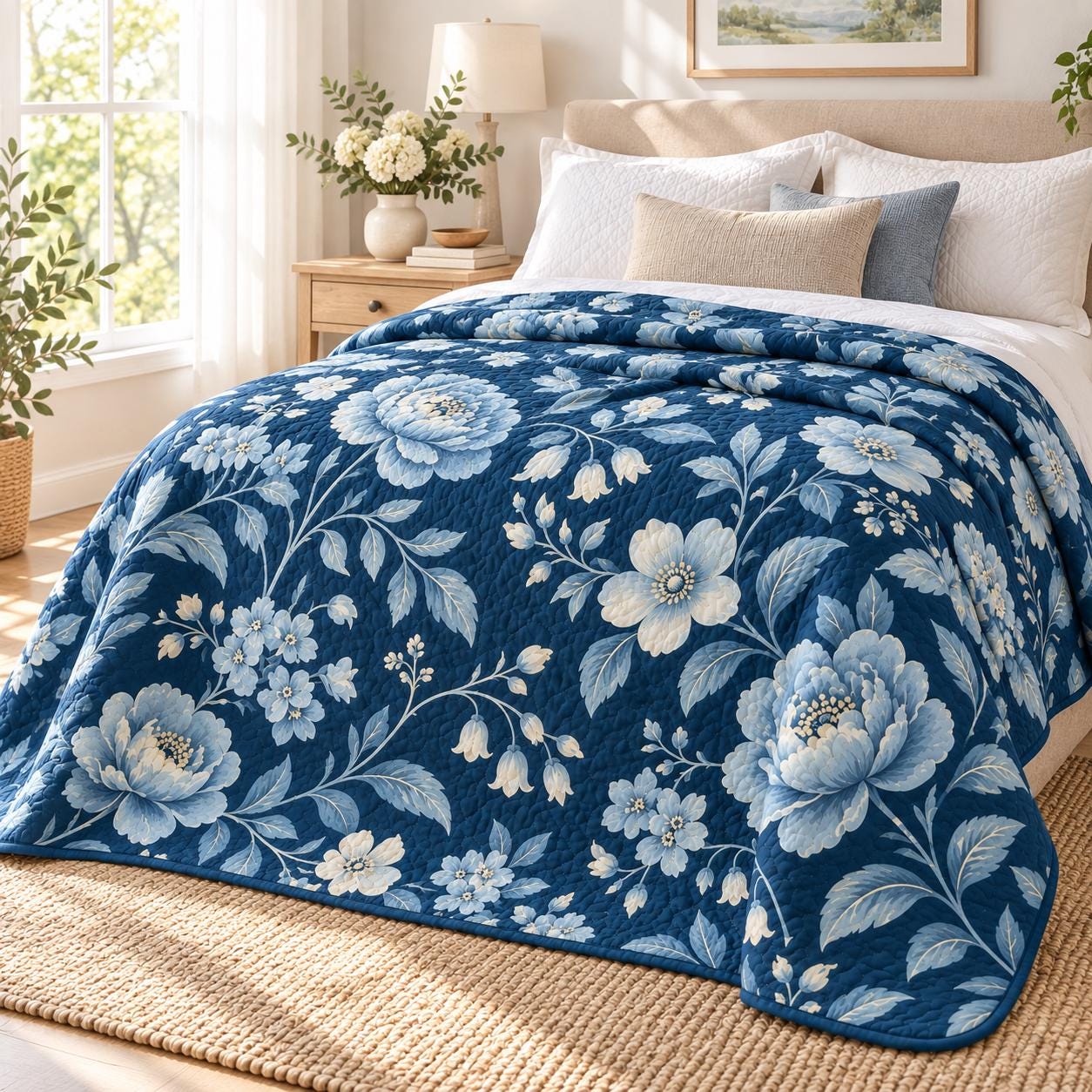Elegant Navy Blue Vintage Botanical Floral Flower Bed Blanket – Quilted Style Cottagecore Throw Bedding for Bedroom Decor - photo 7
