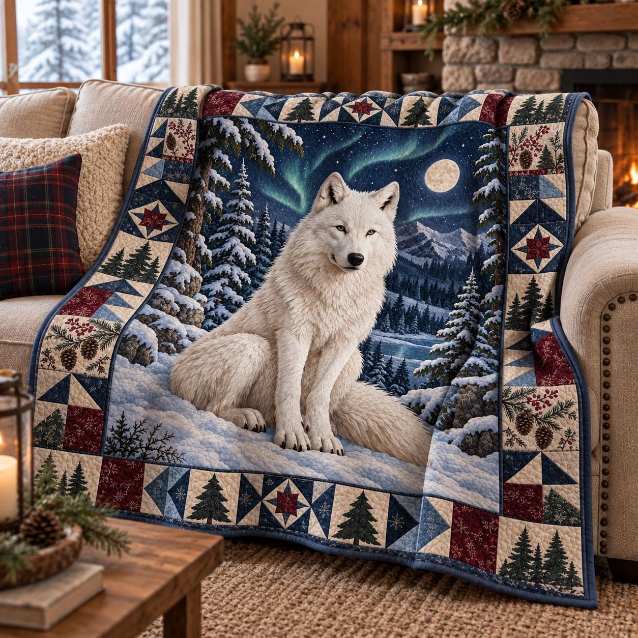 White Wolf Snowy Forest and Northern Lights Winter Bed Blanket – Quilted Style Wildlife Throw Bedding for Rustic Cabin Decor